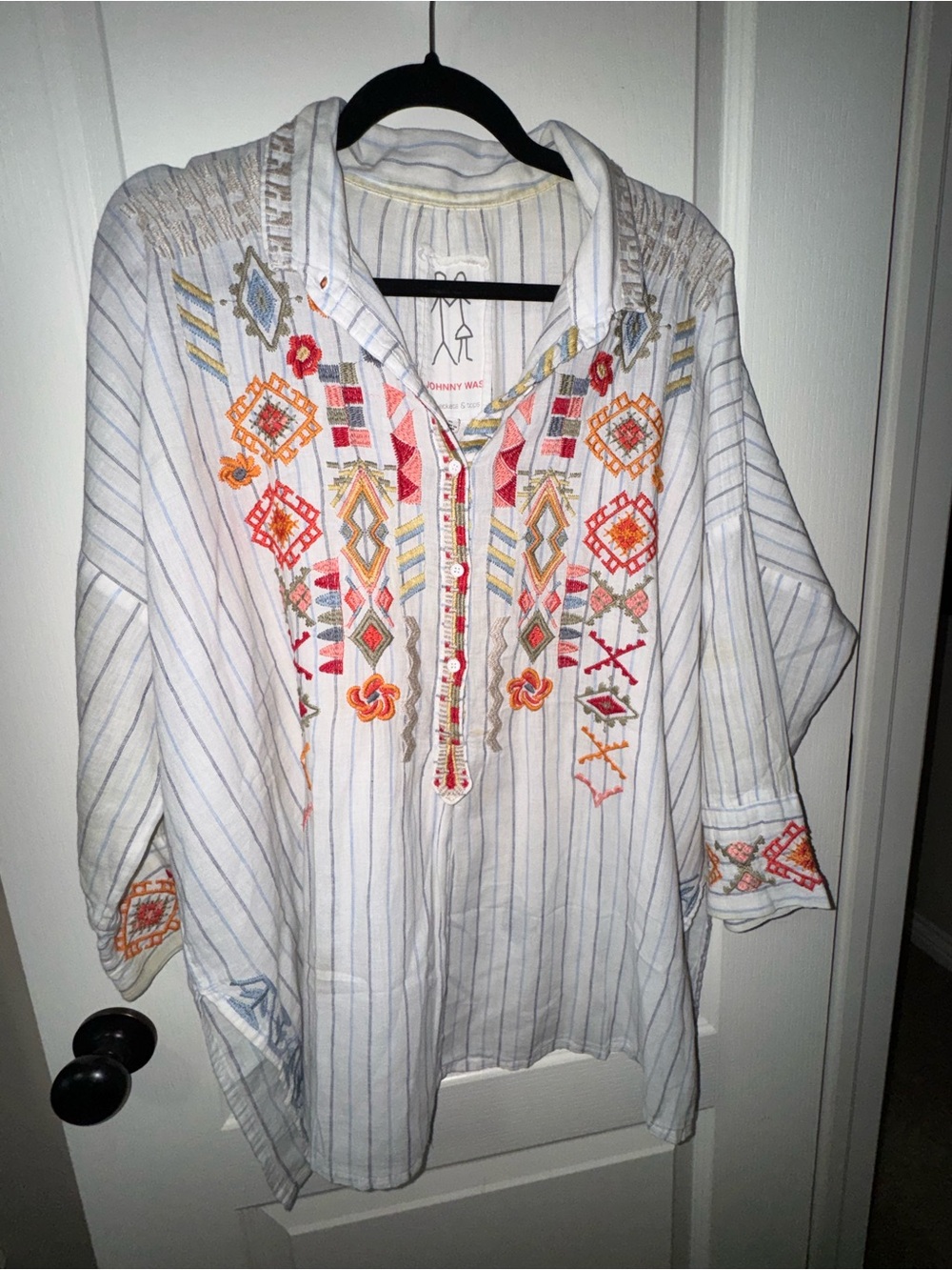 Johnny Was Embroidered Striped Linen Blend Tunic Top - Size XL